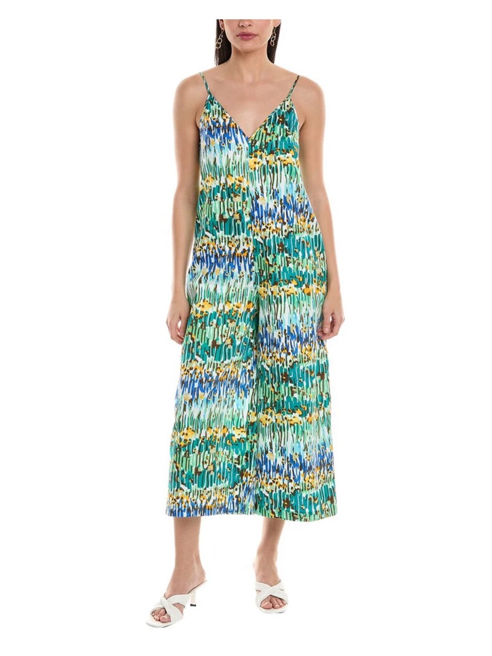 Frances Valentine Vibrant Green & Blue Printed Spaghetti-Strap Jumpsuit